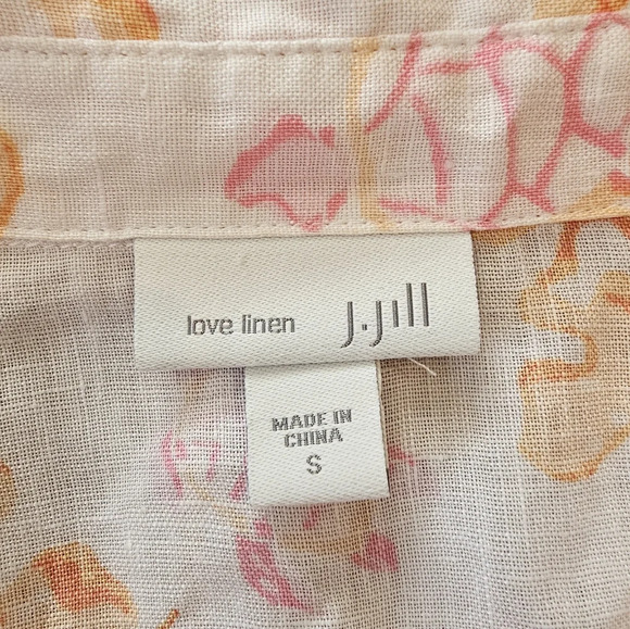 J. Jill Size Small Blouse 100% Linen Button Up Long Sleeve Coral Print Lagenlook - Picture 5 of 9